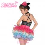 Rainbow Kids Dance Clothes Curly Hem Skirt Sequin Tiered Dress Back Straps Cross