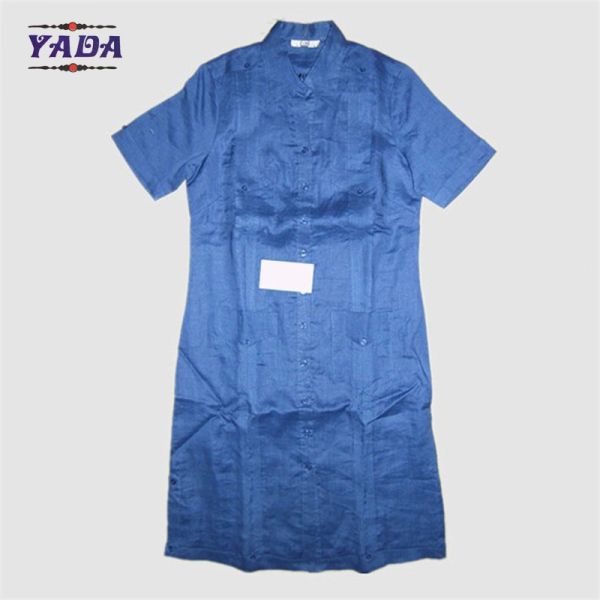 Front button blue linen short sleeve designs casual long slim sexy girl dress for fat women
