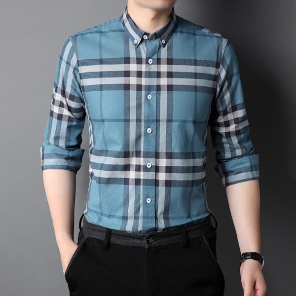 Button Down Collar Casual 100% Cotton Oxford Men's Long Sleeve Plaid Shirt for Autumn