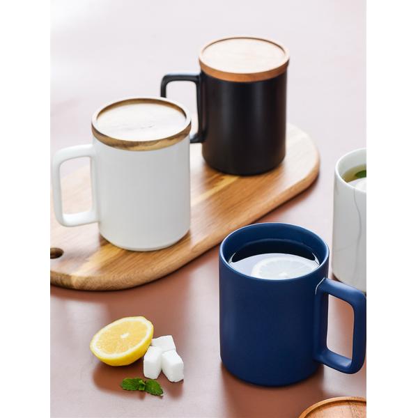 Custom Large 15oz Nordic Matte Black White Ceramic Coffee Mug with Wooden Lid Gift Box