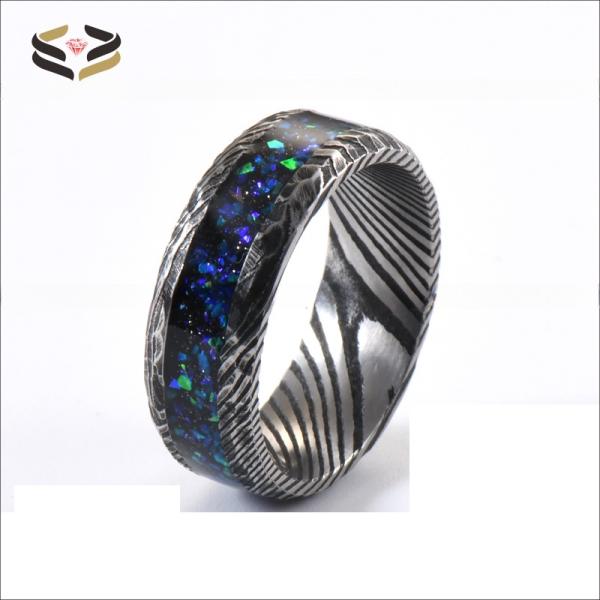 8mm Damascus Steel Wedding Band Ring Galaxy Opal Inlayed For Men
