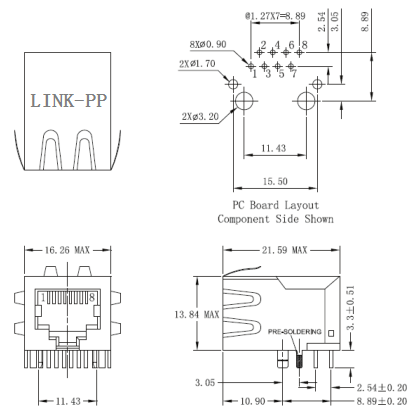 ARJ11B-MASAM-MU2 RJ45 Modular Jack Ethernet PCB 8pin Rj45 connector Shield