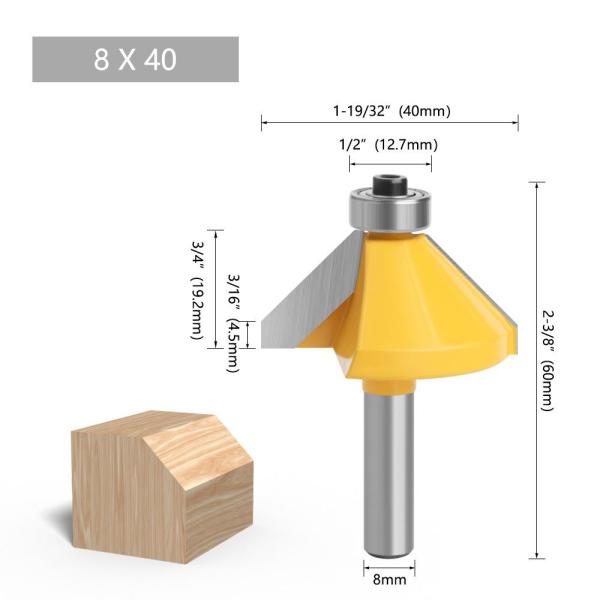 YingBa Professional Tool Manufacturer 8mm Shank 45 Degree Carbide Bevel Edge Trimming Bits for Wood Woodworking Bits