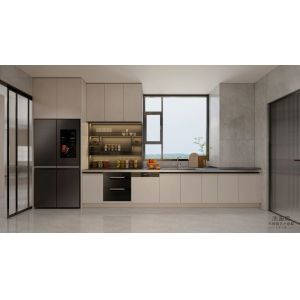 China Double-Line Layout Beige Stainless Steel Modern Kitchen Cabinet on sale