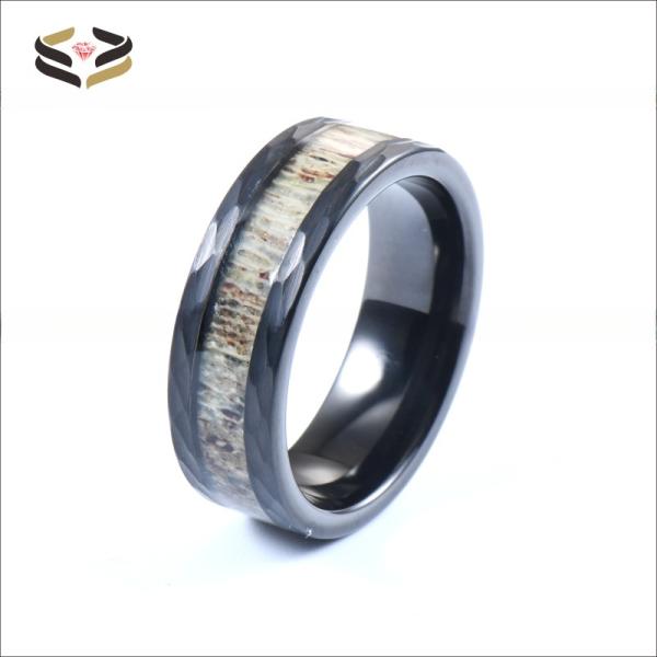Sample Making Service Custom 8mm Hammered Black Tungsten Inlay Deer Antler Jewelry Rings Trendy Style for Men's Wedding