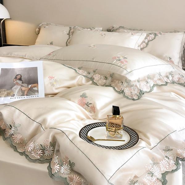 All-Season White Silk Queen King Size Bedding Set with Handmade Embroidery Lace Side