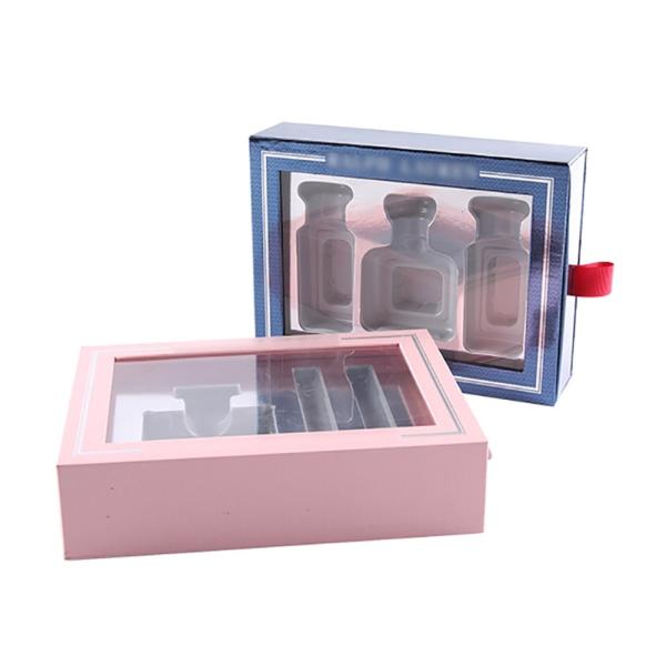 CMYK Color Clear Window Perfume Gift Boxes Sliding Drawer With Satin Puller