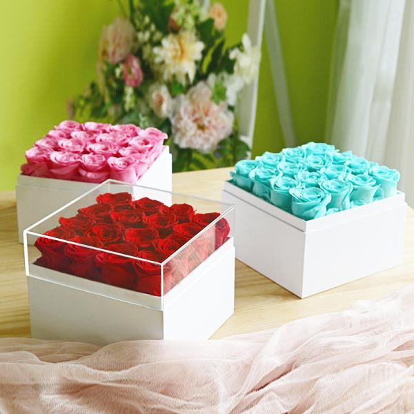 Customized Square Gift Boxes Preserved Roses In Box With Acrylic Cover