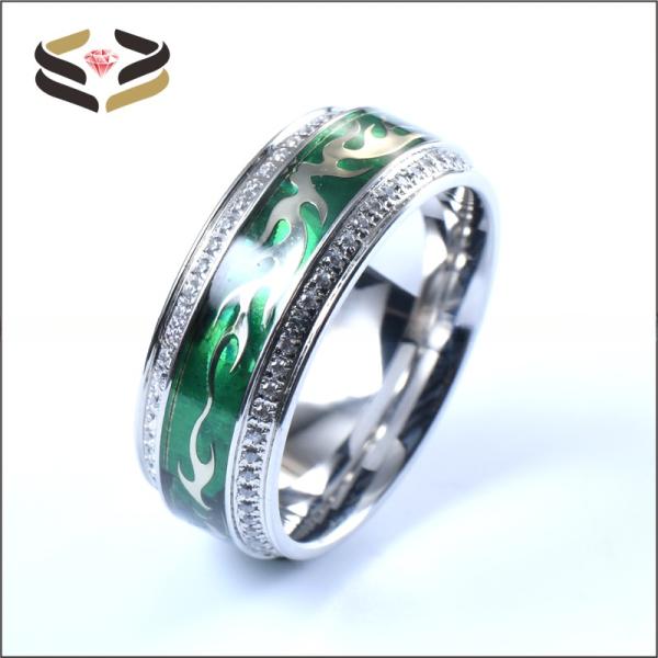 Men Silver Titanium Cubic Zirconia Wedding Band With Silver Clouds And Green Foil Inlay