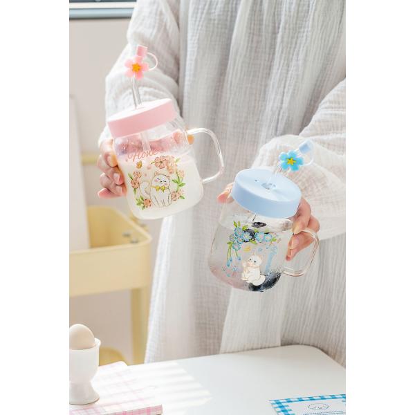 Charming Glass Mugs White Cat Flower Illustrations In Pink Blue Themes
