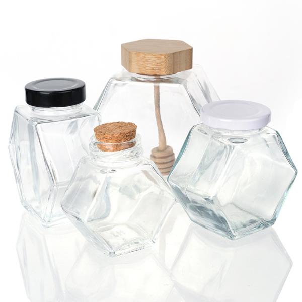 Buy 100ml 220ml Hexagonal Glass Food Jars With Lids Dipper For Honey at wholesale prices