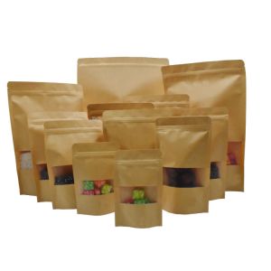 Quality Brown Frosted Window Height 20cm Kraft Paper Pouches for sale