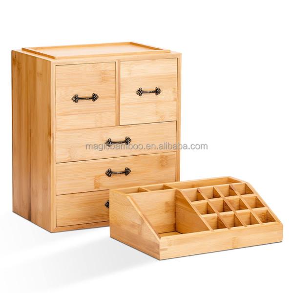Countertop Bamboo Wooden Makeup And Jewelry Drawer Organizer Box