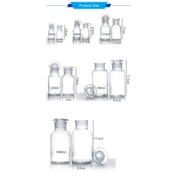 250ml 500ml 1000ml Round Clear Wide Mouth Apothecary Jars Reagent Glass Bottle with Cork Lids