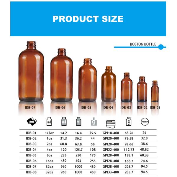 Free Sample 15ml 30ml 60ml 120ml 250ml 500ml 1000ml Glass Boston Round Bottle with Black Polycone Cap