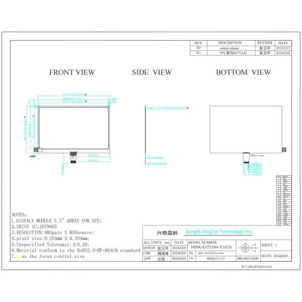 7.5'' EPD 800*480 4 Color High Contrast JD79665 Hitech E-Paper Display