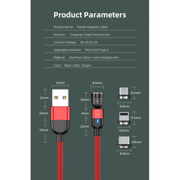 Magnetic Data cable 540° rotation USB Nylon Braided 3 in 1 data cable