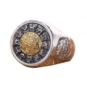 Quality Men Sterling Silver Brass 2 Tone Engraved Chinese Zodiac Retro 925 Silver Ring (059886G) for sale