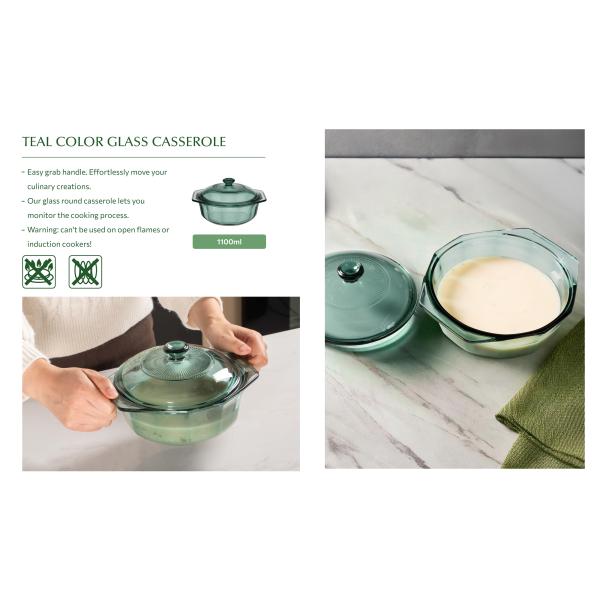 Teal Color High Borosilicate Glass Salad Bowl and Casserole Dishwasher Safe for Food Storage and Serving