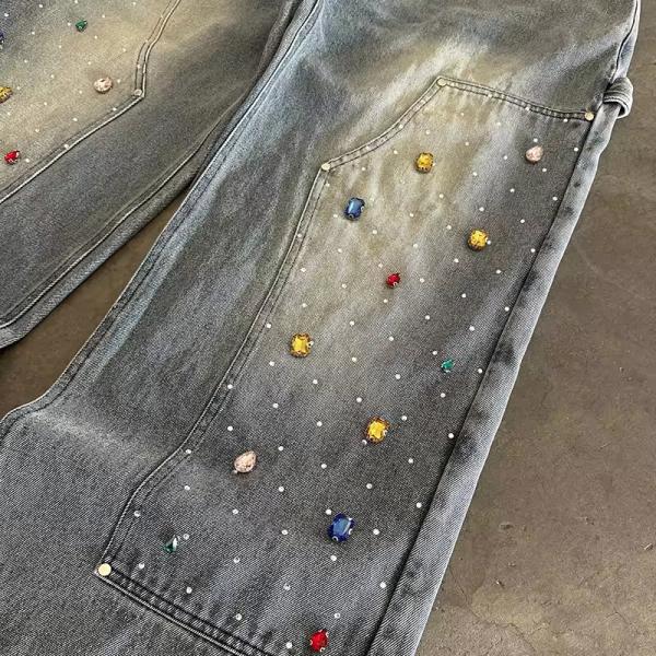 Custom Rhinestone Wide Leg Diamond Denim Pants Manufacturer Vintage Distressed Oversized Wash Jeans Streetwear Baggy Denim Jeans