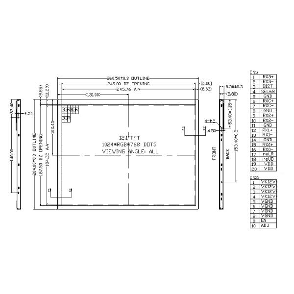 500cd/M2 12.1 Inch Lcd Tft Module , 1024X768 With 20pins LVDS Interface