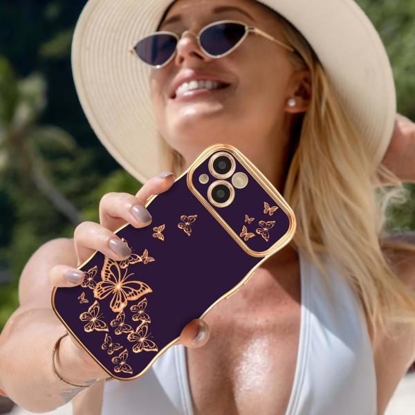 iPhone 13 girl phone case, curly wave frame, luxury plated butterfly pattern, TPU gold rim shock-proof lens protection