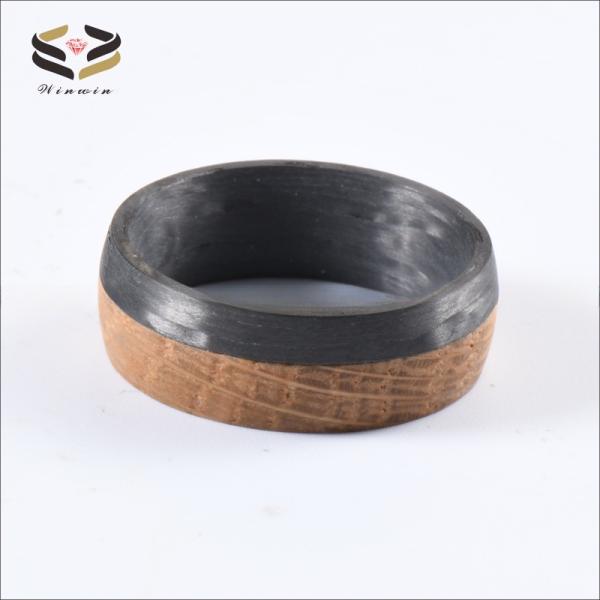 Wedding Dome Black Carbon Fiber Ring Natural Charred Whiskey Barrel Wood Inlayed For Men