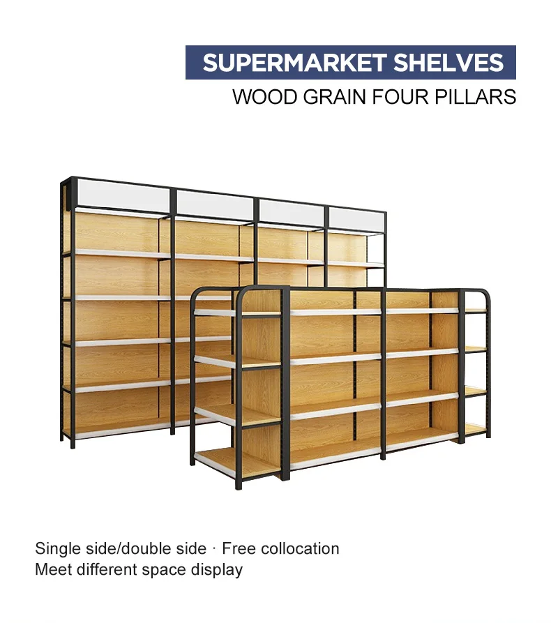 Heavy Duty Wood Gondola Shelving Supermarket Metallic Display Racks