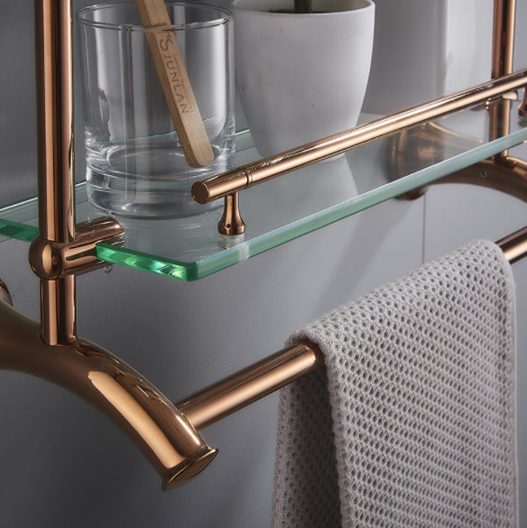 Stainless Steel Glass Shelf 2 Tier Chrome Shelf with Towel Bars Organizer Wall Mount Shower Storage Gold Finish