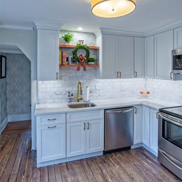 American Popular Modern Apartment Furniture L Shape White Thermofoil Kitchen Cabinet Shaker Complete Sets