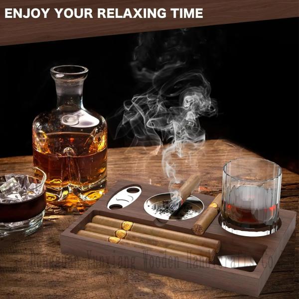 Cigar Ashtray Coaster Whiskey Glass Tray and Cigar Holder, Wooden Ash Tray, Cigar Accessory Set Gift for Men Dad