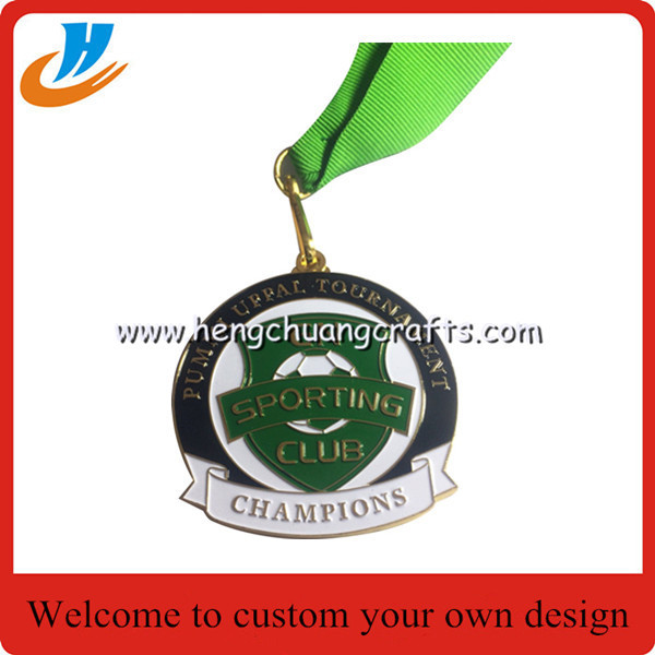 Matt gold plated medals custom,ribbon medals with football logo design sports medals