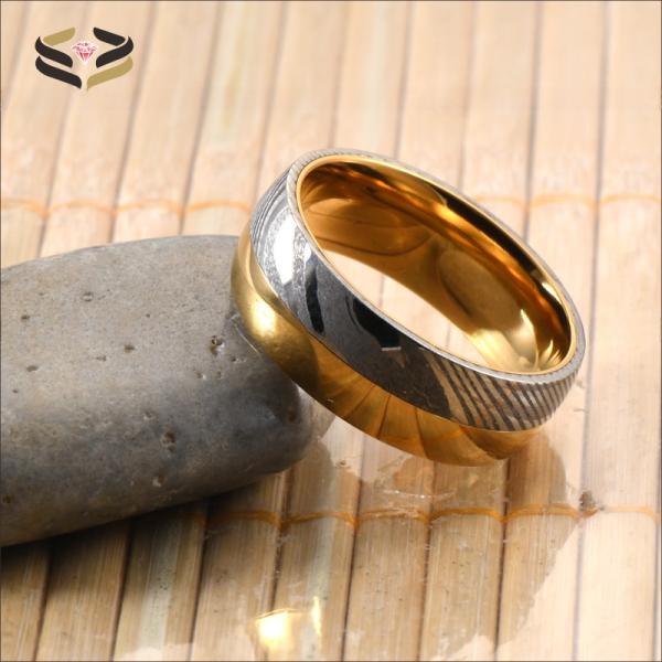 Men Gold Silver Two Tone Damascus Steel Wedding Band 8mm Polished with Tungsten Linner