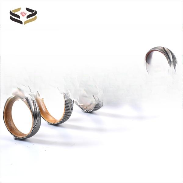 Etched Damascus Wedding Rings 6mm 8mm With Blue Purple Wood Sleeve Inlay