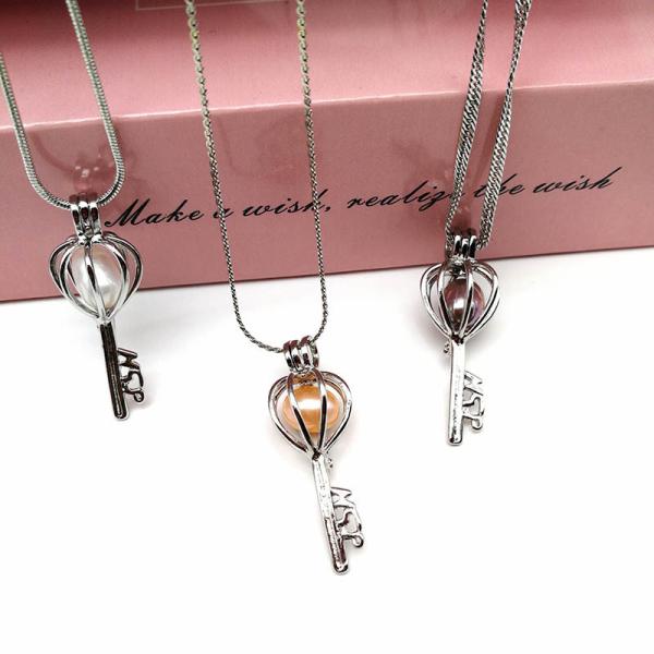 Antique Silver Key Locket Cage Charms Necklaces Pendants with 6-7mm Rice Shape Real Freshwater Pearl