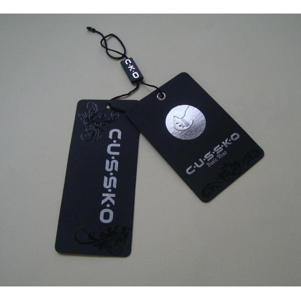 Printed Paper Hang Tags For Clothing Line Plastic Seal Tag UV Coating Silver Foil Logo