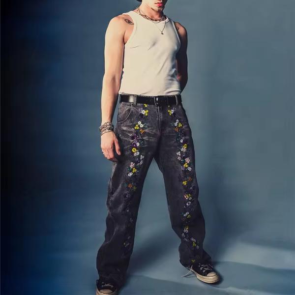 Custom Oversized Denim Jeans Pant Wide Leg Baggy Denim Embroidered Jeans Low Price Free Sample High Quality