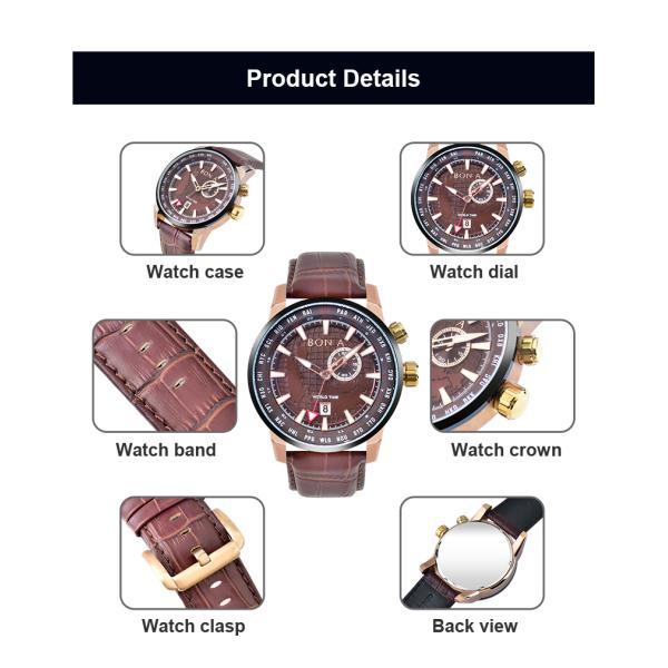 304L Stainless Steel Luxury Leather Watch 5ATM Water Resistant For Men