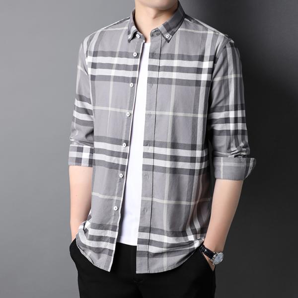 Button Down Collar Casual 100% Cotton Oxford Men's Long Sleeve Plaid Shirt for Autumn