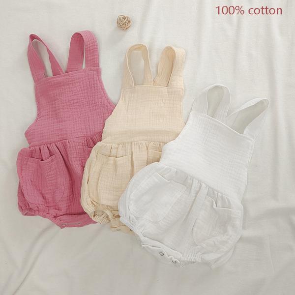 Summer Cotton Muslin Baby Clothes Sleeveless Romper Strap Pants With Pocket Solid Baby Bodysuit