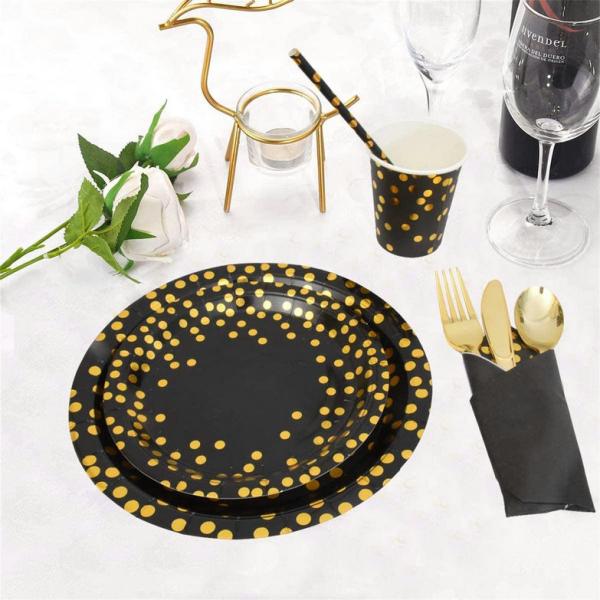 10 PCS Gold Black Tea Birthday Party Paper Plates And Cups Napkins Disposable