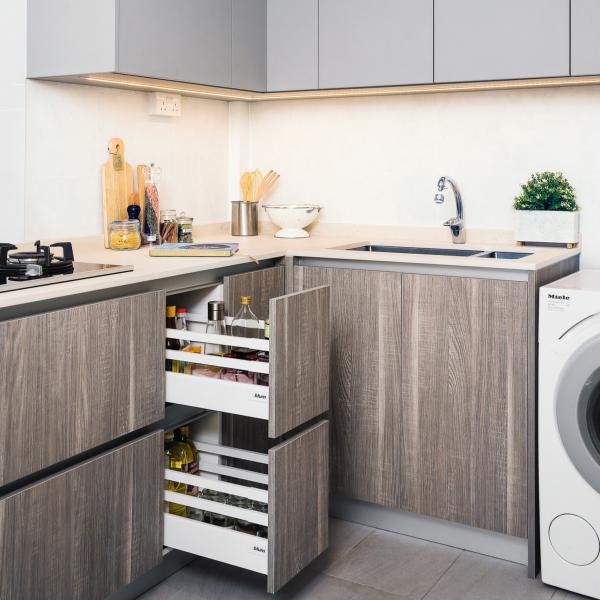 American Small Luxury Gray Kitchen Cabinet Wood Grain Melamine Kitchen Storage Set