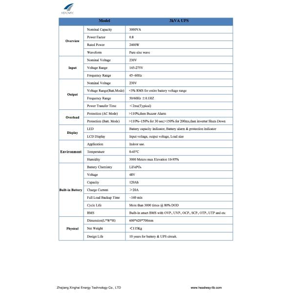 Headway OEM 3KVA UPS Pure Sine Wave 3KVA UPS + 5.76KWh Lithium-ion Battery UPS