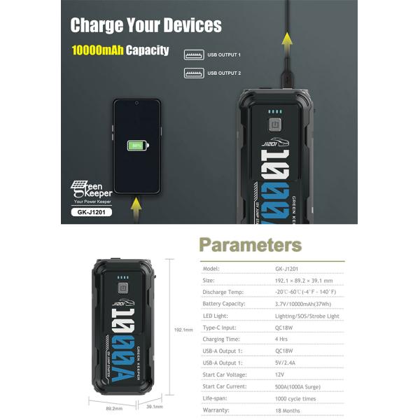 Portable Jump Starter With Led Light And 10000mAh/37Wh Capacity For Green Keeper 2024