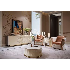 Black And White Leather Marble Top Round Coffee Table W002H2