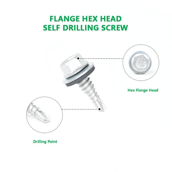 Steel Hex Head Self-Drilling Roofing Tek Screws with Rubber Washers Stitch Screw 1 Point