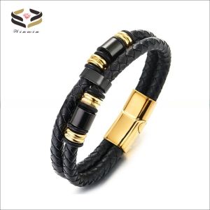 Geometric Leather Bracelet Wristband Double Row Black Braided with Stainless