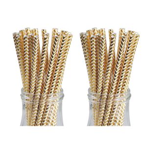 197mm 6mm Chevron Foil Gold Bendable Paper Drinking Straws