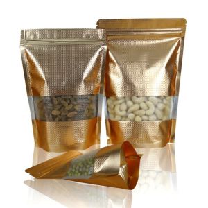 Quality ROHS Gold Mylar Stand Up Bags With Line Clear Window for sale