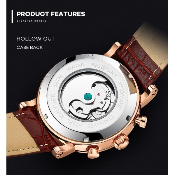 KINYUED J017-1 White Dial Gold Case Leather Strap Complete Calendar Skeleton Automatic Mechanical relojes Watch